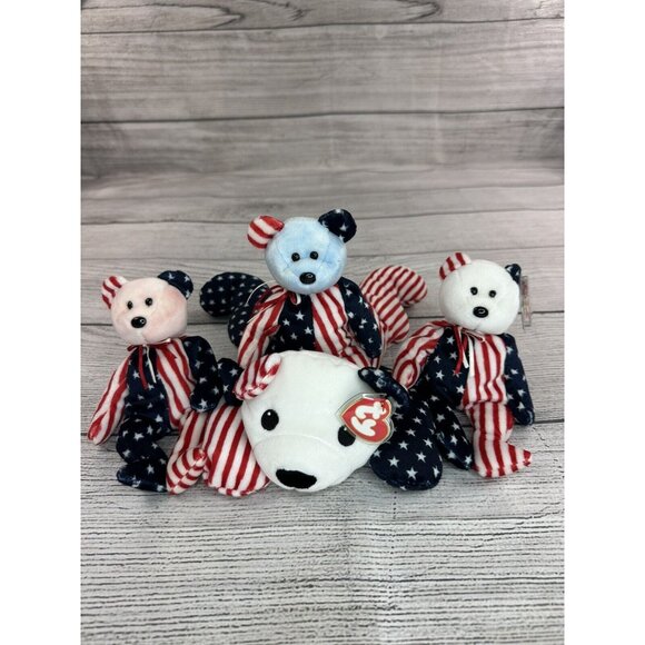 Beanie Babies SPANGLE BLUE WHITE & PINK Bears USA America Stars & Stripes 1999 - Picture 1 of 15